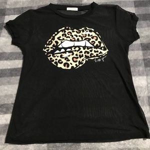 Women’s Black Mesh Top w Leopard Print Mouth Decal by Occasion